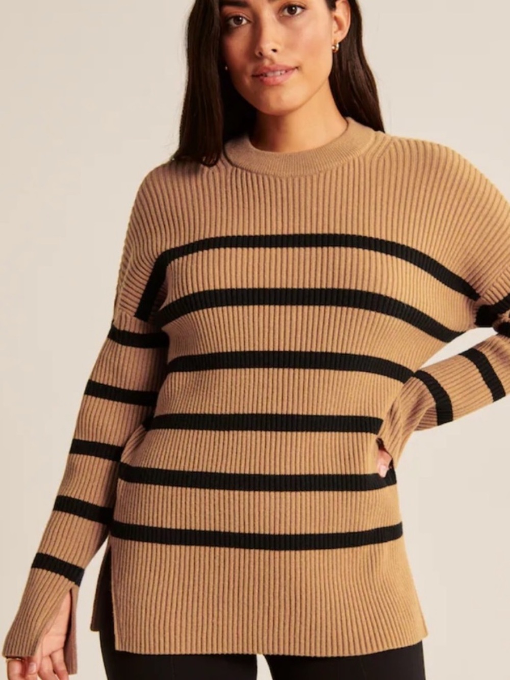 Abercrombie & Fitch Tan and Black Striped Crewneck Sweater